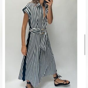 Zara Navy Blue and White Striped Belted Midi Shirtdress